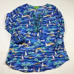 Island Republic Womens Tunic Top Beach Resort Print Sequin Long Sleeve Medium